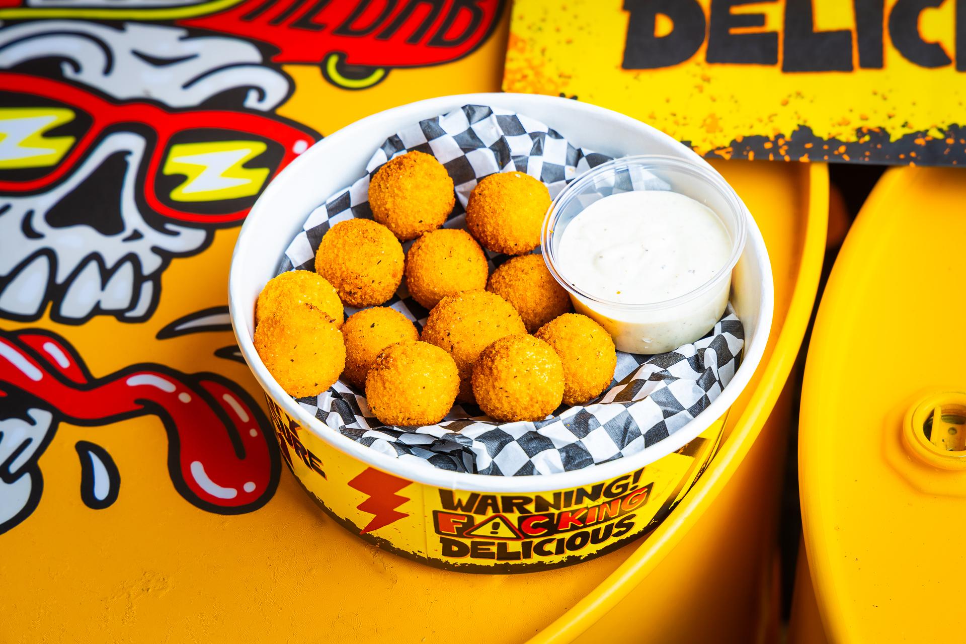 CHEESEBALLS & GARLIC DIP